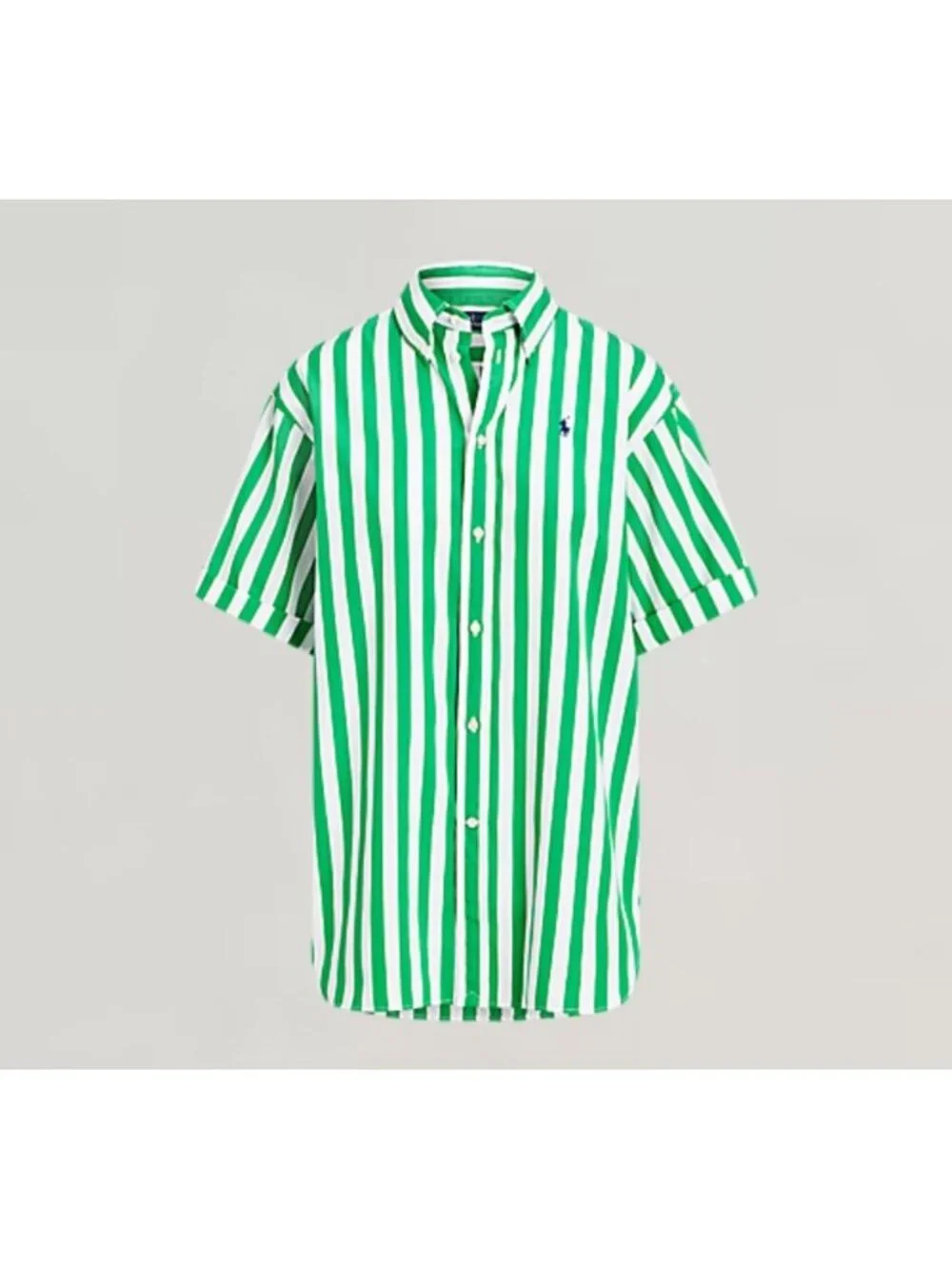 Polo Ralph Lauren Green White Striped Short Sleeve Button-Up Shirt Large Cotton